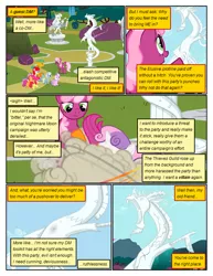Size: 612x792 | Tagged: safe, artist:newbiespud, derpibooru import, edit, edited screencap, screencap, apple bloom, cheerilee, discord, scootaloo, snails, snips, sweetie belle, twist, draconequus, earth pony, pegasus, pony, unicorn, comic:friendship is dragons, the return of harmony, ball of violence, colt, comic, cutie mark crusaders, dialogue, female, filly, frown, male, mare, pointing, raised hoof, screencap comic, smiling, statue, unamused
