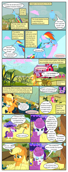 Size: 612x1553 | Tagged: safe, artist:newbiespud, derpibooru import, edit, edited screencap, screencap, applejack, pinkie pie, rainbow dash, rarity, twilight sparkle, earth pony, pegasus, pony, unicorn, comic:friendship is dragons, the return of harmony, barn, chocolate, chocolate rain, comic, cotton candy, dialogue, eating, eyes closed, female, flying, food, freckles, frown, glowing horn, hat, hoofy-kicks, horn, licking, looking up, mare, popcorn, rain, raincoat, rearing, screencap comic, tongue out, umbrella, unicorn twilight, worried