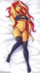 Size: 2324x4250 | Tagged: suggestive, alternate version, artist:thebrokencog, artist:twistedscarlett60, derpibooru import, sunset shimmer, anthro, equestria girls, arm behind head, armpits, beautiful, big breasts, blushing, boob window, bra, breasts, busty sunset shimmer, cat keyhole bra set, cat lingerie, cleavage, clothes, collaboration, female, lingerie, looking at you, panties, sexy, smiling, socks, solo, solo female, stocking feet, stockings, stupid sexy sunset shimmer, thigh highs, underwear