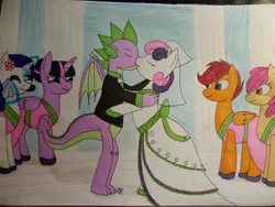 Size: 4160x3120 | Tagged: safe, artist:hiroultimate, derpibooru import, apple bloom, rarity, scootaloo, spike, sweetie belle, twilight sparkle, twilight sparkle (alicorn), alicorn, bride, clothes, crying, drawing, dress, female, groom, kissing, male, marriage, older, older apple bloom, older scootaloo, older spike, older sweetie belle, shipping, spikebelle, straight, suit, traditional art, tuxedo, wedding, wedding dress, wedding veil