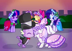 Size: 2166x1549 | Tagged: safe, artist:andromedasparkz, derpibooru import, apple bloom, rarity, scootaloo, spike, sweetie belle, twilight sparkle, dragon, earth pony, pegasus, pony, unicorn, a canterlot wedding, bridesmaid, bridesmaid dress, bridesmaids, clothes, dancing, dress, female, filly, floral head wreath, flower, flower filly, flower girl, flower girl dress, hat, kissing, male, mare, marriage, shipping, spikebelle, straight, top hat, tuxedo, unicorn twilight, wedding