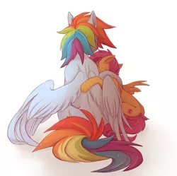 Size: 2785x2777 | Tagged: safe, artist:1an1, derpibooru import, rainbow dash, scootaloo, pegasus, pony, back, backwards cutie mark, behind, crying, cutie mark, digital art, duo, female, filly, gradient background, hug, mare, scar, scootalove, wings