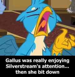 Size: 741x769 | Tagged: suggestive, derpibooru import, edit, edited screencap, screencap, gallus, gryphon, a horse shoe-in, bertstrips, caption, cropped, image macro, implied blowjob, implied gallstream, implied oral, implied sex, implied shipping, implied silverstream, implied straight, innuendo, meme, open mouth, ponestrip, solo focus, text, this will end in pain, this will end in tears