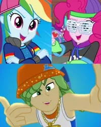 Size: 607x762 | Tagged: safe, derpibooru import, pinkie pie, rainbow dash, sandalwood, cheer you on, dance magic, eqg summertime shorts, equestria girls, equestria girls series, get the show on the road, spoiler:eqg series (season 2), spoiler:eqg specials, clothes, cool, mc pinkie, mc sandalwood, rapper, rapper dash, sleeveless