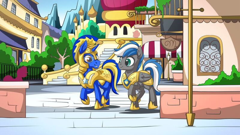 Size: 1024x576 | Tagged: safe, artist:mysticalpha, derpibooru import, oc, oc:bluestar, oc:cloud zapper, unofficial characters only, pegasus, pony, unicorn, armor, canterlot, male, royal guard, royal guard armor, stallion