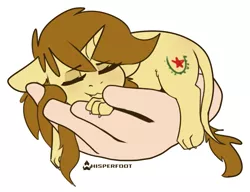 Size: 947x726 | Tagged: safe, artist:whisperfoot, derpibooru import, oc, oc:katya ironstead, unofficial characters only, pony, sphinx, unicorn, chibi, cute, disembodied hand, eyes closed, female, hand, holding a pony, horn, in goliath's palm, long hair, long mane, ocbetes, paws, sharp teeth, sleeping, smiling, solo, species swap, sphinx oc, sphinxdorable, sphinxified, teeth, tiny, tiny ponies