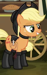 Size: 294x468 | Tagged: safe, artist:xormak, derpibooru import, edit, edited screencap, screencap, applejack, earth pony, pony, somepony to watch over me, bdsm, bedroom eyes, boots, choker, clothes, cropped, dominatrix, female, femdom, fireproof boots, food, grin, leather, leather clothes, lidded eyes, mare, pie, shoes, smiling, solo, wagon, whip