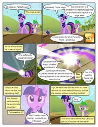 Size: 612x792 | Tagged: safe, artist:newbiespud, derpibooru import, edit, edited screencap, screencap, applejack, spike, twilight sparkle, dragon, earth pony, pony, unicorn, comic:friendship is dragons, the return of harmony, blast, book, chocolate, chocolate rain, comic, dialogue, eyes closed, female, food, freckles, glowing horn, hat, horn, magic, magic beam, magic blast, male, mare, rain, sad, screencap comic, slit eyes, smiling, smirk, telekinesis, unicorn twilight