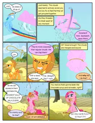 Size: 612x792 | Tagged: safe, artist:newbiespud, derpibooru import, edit, edited screencap, screencap, applejack, pinkie pie, rainbow dash, earth pony, pegasus, pony, comic:friendship is dragons, the return of harmony, ..., angry, chocolate, chocolate milk, cloud, comic, cotton candy, dialogue, eating, eyes closed, female, flying, food, freckles, glare, gritted teeth, hat, implied rarity, implied twilight sparkle, lasso, licking, licking lips, looking up, mare, messy eating, messy mane, milk, motion blur, mouth hold, open mouth, puffy cheeks, rope, screencap comic, tongue out, wet, wet mane