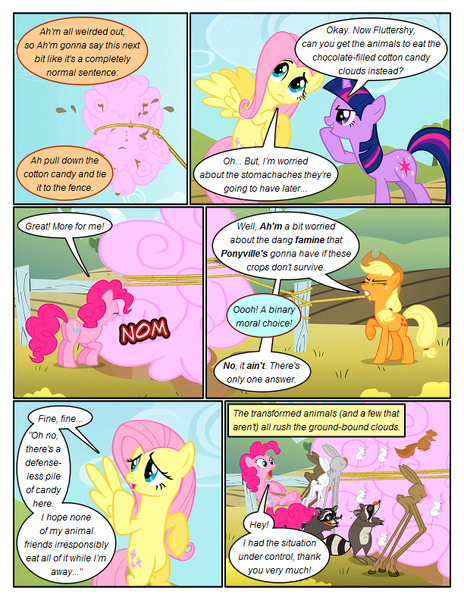 Size: 612x792 | Tagged: safe, artist:newbiespud, derpibooru import, edit, edited screencap, screencap, applejack, fluttershy, pinkie pie, twilight sparkle, earth pony, girabbit, pegasus, pony, rabbit, raccoon, unicorn, comic:friendship is dragons, the return of harmony, animal, chocolate, chocolate milk, cloud, comic, cotton candy, cotton candy cloud, dialogue, eating, eyes closed, female, flying, food, freckles, hat, implied rainbow dash, lasso, mare, milk, mouth hold, nom, onomatopoeia, raised hoof, rope, screencap comic, unicorn twilight, worried