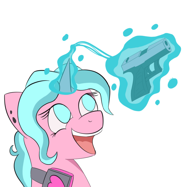 Size: 3000x3000 | Tagged: safe, artist:aezaelia, derpibooru import, oc, oc:candy chip, unofficial characters only, cyborg, pony, the sunjackers, cyberpunk, delet this, female, glock, gun, handgun, happy, headphones, magic, mare, meme, open mouth, pistol, simple background, smiling, solo, telekinesis, transparent background, weapon