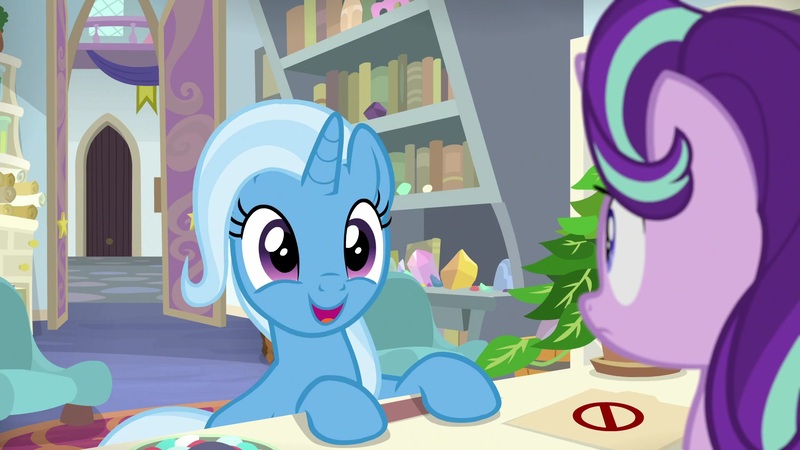 Size: 1920x1080 | Tagged: safe, derpibooru import, screencap, phyllis, starlight glimmer, trixie, pony, unicorn, a horse shoe-in, bookshelf, cute, diatrixes, duo, excited, eyes closed, female, folder, frown, happy, hooves on the table, mare, open mouth, philodendron, school of friendship, smiling, starlight's office, too cute