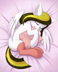 Size: 1368x1692 | Tagged: safe, artist:kyrgyzpopstar, derpibooru import, oc, unofficial characters only, pegasus, pony, bed, clothes, cute, ear fluff, female, pillow, sleeping, socks, solo