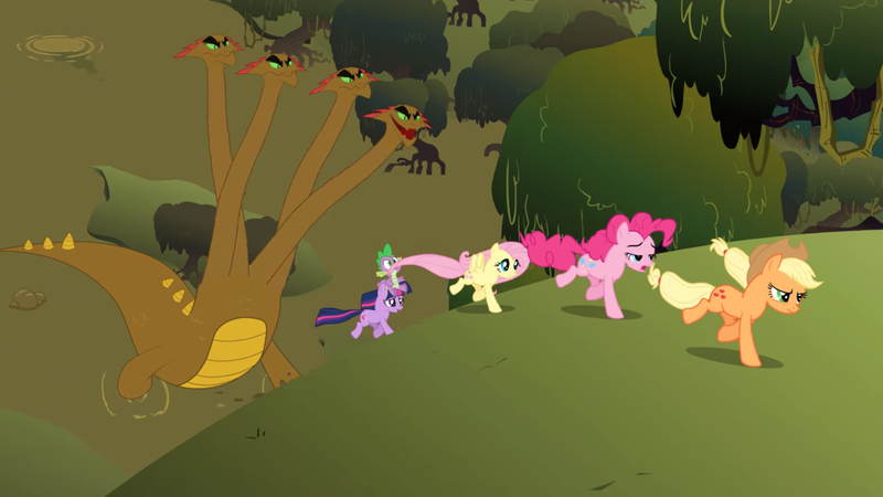 Size: 2100x1181 | Tagged: safe, derpibooru import, screencap, applejack, fluttershy, pinkie pie, spike, twilight sparkle, dragon, earth pony, hydra, pegasus, pony, unicorn, feeling pinkie keen, female, fleeing, froggy bottom bog, galloping, implied anal, implied horn penetration, implied penetration, implied sex, lidded eyes, male, mare, multiple heads, swamp, tree, unicorn twilight