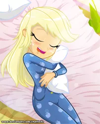 Size: 601x743 | Tagged: safe, artist:charliexe, derpibooru import, applejack, equestria girls, bed, blushing, clothes, crepuscular rays, cute, drool, eyes closed, female, footed sleeper, hug, jackabetes, lens flare, loose hair, pajamas, pillow, pillow hug, sleeping, solo