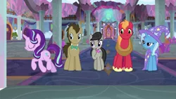 Size: 1920x1080 | Tagged: safe, derpibooru import, screencap, big macintosh, doctor whooves, octavia melody, starlight glimmer, time turner, trixie, earth pony, pony, unicorn, a horse shoe-in, cape, clothes, female, hat, male, mare, stallion, trixie's cape, trixie's hat