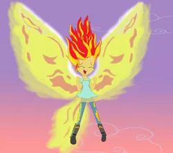 Size: 950x841 | Tagged: safe, artist:gamzyjam, derpibooru import, sunset shimmer, equestria girls, my past is not today, cute, eyes closed, female, fiery wings, open mouth, scene interpretation, shimmerbetes, solo, sunset phoenix, wings