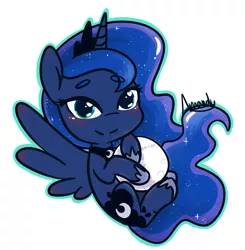 Size: 990x1012 | Tagged: safe, artist:lilliesinthegarden, derpibooru import, princess luna, alicorn, pony, beanbrows, blushing, chibi, crown, cute, ethereal mane, eyebrows, eyebrows visible through hair, female, heart eyes, jewelry, lunabetes, mare, mare in the moon, moon, regalia, simple background, solo, starry mane, tangible heavenly object, white background, wingding eyes