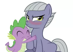 Size: 750x539 | Tagged: safe, artist:jhayarr23, derpibooru import, edit, editor:undeadponysoldier, limestone pie, spike, earth pony, pony, the maud couple, angry, blushing, crack shipping, cute, eyeroll, female, hug, limestone is not amused, limetsun pie, male, mare, shipping, simple background, spikestone, straight, tsundere, white background