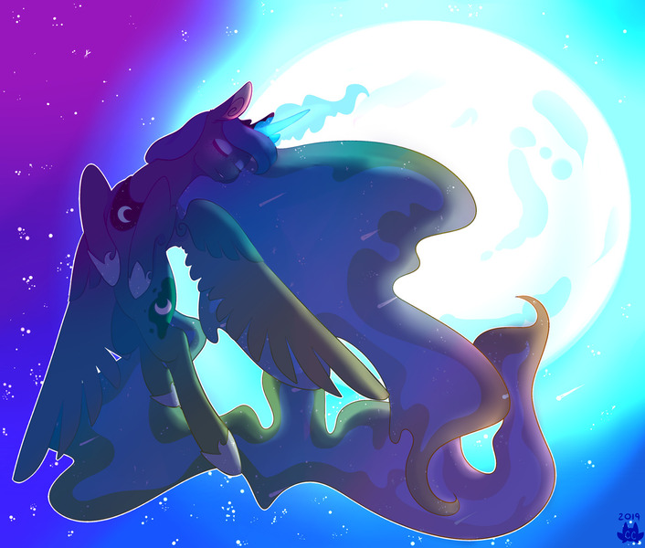 Size: 1280x1088 | Tagged: safe, artist:cckittycreative, derpibooru import, princess luna, alicorn, pony, dramatic pose, eyes closed, female, flying, glowing horn, horn, magic, mare, moon, moonrise, night, princess of the night, raising the moon, sky, solo, spread wings, stars, telekinesis, wings