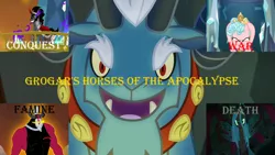 Size: 1280x720 | Tagged: safe, derpibooru import, edit, edited screencap, screencap, cozy glow, grogar, king sombra, lord tirek, queen chrysalis, centaur, changeling, changeling queen, pegasus, pony, unicorn, school raze, the beginning of the end, the crystal empire, the mean 6, twilight's kingdom, antagonist, crown, female, filly, foal, four horsemen of the apocalypse, horseman of conquest, horseman of death, horseman of famine, horseman of war, jewelry, legion of doom, male, regalia, stallion, text