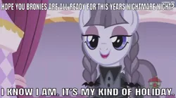 Size: 639x358 | Tagged: safe, derpibooru import, edit, edited screencap, editor:undeadponysoldier, screencap, inky rose, pony, honest apple, 2019, caption, clothes, cute, cute smile, dress, female, goth, halloween, holiday, image macro, inkybetes, looking at you, mare, meme, nightmare night, op is too early, pigtails, smiling, solo, talking to viewer, text, when she smiles