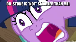 Size: 600x337 | Tagged: alicorn, a trivial pursuit, caption, derpibooru import, dr. stone, edit, edited screencap, image macro, safe, screencap, text, this is trivia trot, twilight sparkle, twilight sparkle (alicorn)