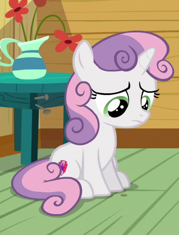 Size: 350x458 | Tagged: safe, derpibooru import, screencap, sweetie belle, pony, unicorn, the fault in our cutie marks, clubhouse, cropped, crusaders clubhouse, female, filly, sad, solo