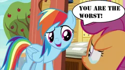 Size: 1280x720 | Tagged: safe, derpibooru import, edit, edited screencap, screencap, rainbow dash, scootaloo, pegasus, pony, the last crusade, abuse, background pony strikes again, clubhouse, cruel, crusaders clubhouse, downvote bait, duo, female, filly, mare, mouthpiece, out of character, rainbow douche, sad, scootabuse, teary eyes