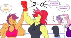 Size: 1280x687 | Tagged: safe, artist:matchstickman, derpibooru import, apple bloom, scootaloo, sweetie belle, oc, oc:calm wind, anthro, earth pony, pegasus, unicorn, tumblr:where the apple blossoms, anthro oc, apple brawn, armpits, biceps, boxing gloves, boxing ring, breasts, busty apple bloom, busty scootaloo, busty sweetie belle, clothes, comic, cutie mark crusaders, deltoids, dialogue, female, injured, male, mare, matchstickman's apple brawn series, muscles, muscular female, older, older apple bloom, older scootaloo, older sweetie belle, simple background, single panel, stallion, tumblr comic, white background