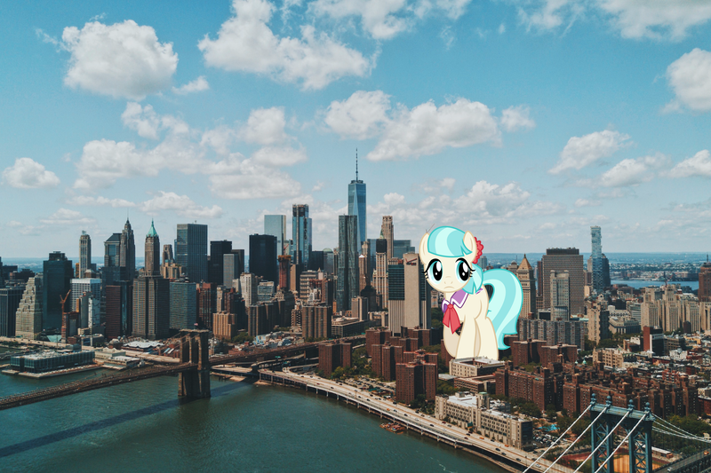 Size: 3366x2242 | Tagged: safe, artist:drewdini, derpibooru import, coco pommel, pony, building, city, cocobetes, cute, female, giant pony, irl, macro, manhattan, mare, new york, photo, ponies in real life, sky, skyline