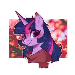 Size: 1024x1024 | Tagged: safe, artist:zakkurro, derpibooru import, twilight sparkle, pony, abstract background, blushing, bust, chest fluff, clothes, cute, ear fluff, female, floating heart, heart, leaves, looking at you, mare, portrait, scarf, signature, smiling, solo, twiabetes