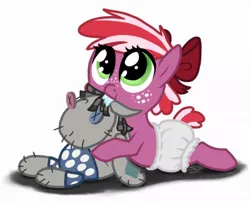 Size: 958x780 | Tagged: safe, artist:psponyartist, derpibooru import, smarty pants, oc, oc:red june, pony, kilalaverse, baby, baby pony, bow, cute, dawwww, diaper, drool, female, filly, foal, freckles, hair bow, ocbetes, offspring, parent:big macintosh, parent:cheerilee, parents:cheerimac, simple background, solo, white background