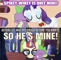 Size: 640x635 | Tagged: safe, artist:dashiesparkle, derpibooru import, edit, edited screencap, editor:undeadponysoldier, screencap, moondancer, rarity, spike, pony, unicorn, secret of my excess, cute, discovery family logo, female, fire ruby, gem, glasses, golden oaks library, hug, male, mare, op has a point, ruby, shipping, shipping war, sparity, spikedancer, straight