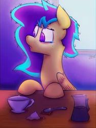 Size: 2160x2880 | Tagged: safe, artist:quicktimepony, derpibooru import, oc, oc:soloist song, pegasus, pony, coffee, coffee mug, colourful, crying, food, hooves, mane, mug, neon colors, night, remake, sad, signature, solo, spoon, sugar (food), table, window, wings