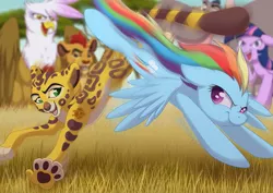 Size: 1063x752 | Tagged: safe, artist:littlehybridshila, derpibooru import, gilda, rainbow dash, twilight sparkle, alicorn, big cat, cheetah, gryphon, hippopotamus, lion, pegasus, pony, beshte, crossover, fuli, kion, race, the lion guard, the lion king