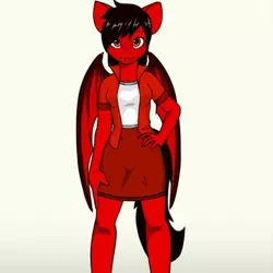 Size: 360x360 | Tagged: artist needed, safe, derpibooru import, oc, oc:ray dasher, anthro, bat pony, clothes, fangs, female, legs, looking at you, mare, miniskirt, shirt, simple background, skirt, smiling, solo, white background