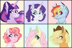 Size: 392x262 | Tagged: safe, artist:flowercatbutters, derpibooru import, applejack, fluttershy, pinkie pie, rainbow dash, rarity, twilight sparkle, twilight sparkle (alicorn), alicorn, pony, alternate design, alternate hairstyle, bust, chest fluff, coat markings, curved horn, ear piercing, earring, eye clipping through hair, eye scar, female, hair over one eye, horn, image, jewelry, looking at you, mane six, mare, piercing, pixel art, png, redesign, scar, smiling, twitterina design