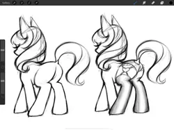 Size: 2732x2048 | Tagged: suggestive, artist:taytinabelle, derpibooru import, unnamed character, unnamed pony, earth pony, pony, black and white, butt, clothes, digital art, dock, featureless crotch, female, garters, grayscale, mare, monochrome, panties, raised tail, rear view, sketch, socks, solo, stockings, tail, thigh highs, underwear