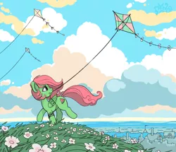Size: 2500x2154 | Tagged: safe, artist:myr2a, derpibooru import, oc, oc:watermelon frenzy, unofficial characters only, pegasus, pony, cloud, cutie mark, flower, grass, green coat, hill, kite, kite flying, mouth hold, offscreen character, pastel, red mane, scenery, sky, solo, town, wings