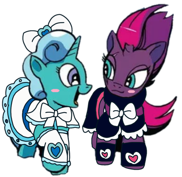 Size: 950x922 | Tagged: safe, artist:徐詩珮, derpibooru import, edit, edited screencap, idw, screencap, fizzlepop berrytwist, glitter drops, tempest shadow, unicorn, background removed, broken horn, clothes, dress, female, futari wa precure, glittershadow, horn, lesbian, mare, not a vector, precure, shipping, simple background, tomboy taming, transparent background