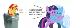 Size: 4672x1832 | Tagged: safe, artist:ramseybrony17, derpibooru import, sunset shimmer, trixie, twilight sparkle, twilight sparkle (alicorn), alicorn, pony, abuse, background pony strikes again, crying, female, hug, implied lesbian, implied shipping, implied sunsetsparkle, lesbian, shimmerbuse, shipping, sunset shimmer's trash can, trash can, twixie