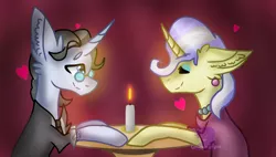 Size: 900x512 | Tagged: safe, artist:commandereclipse, derpibooru import, jet set, upper crust, pony, candle, female, heart, male, shipping, straight, upperset