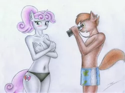 Size: 3194x2389 | Tagged: anthro, artist:sinaherib, belly button, bikini, bikini bottom, binoculars, blushing, breasts, busty sweetie belle, button mash, clothes, covering, covering breasts, dead source, derpibooru import, embarrassed, embarrassed nude exposure, female, male, nudity, older, older button mash, older sweetie belle, partial nudity, shipping, straight, suggestive, sweetie belle, sweetiemash, swimsuit, swim trunks, topless, traditional art