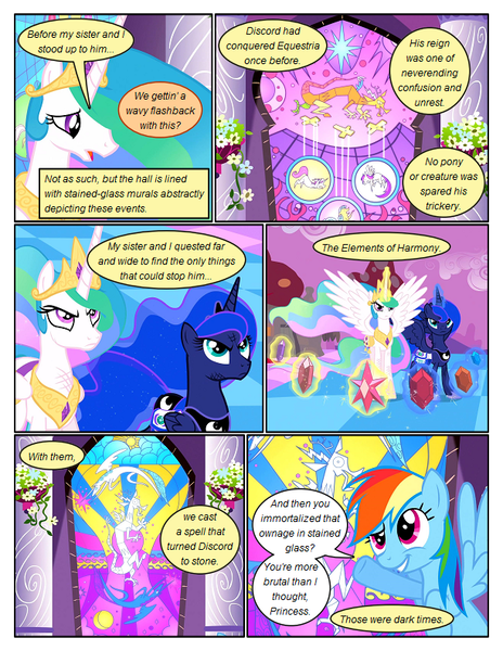 Size: 612x792 | Tagged: safe, artist:newbiespud, derpibooru import, edit, edited screencap, screencap, discord, princess celestia, princess luna, rainbow dash, alicorn, draconequus, pegasus, pony, comic:friendship is dragons, princess twilight sparkle (episode), the return of harmony, big crown thingy, comic, dialogue, element of generosity, element of honesty, element of kindness, element of laughter, element of loyalty, element of magic, elements of harmony, ethereal mane, female, flower, frown, glare, glowing horn, grin, hoof shoes, horn, injured, jewelry, looking up, magic, mare, marionette, peytral, regalia, screencap comic, smiling, spread wings, stained glass, starry mane, telekinesis, wings