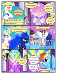 Size: 612x792 | Tagged: safe, artist:newbiespud, derpibooru import, edit, edited screencap, screencap, discord, princess celestia, princess luna, rainbow dash, alicorn, draconequus, pegasus, pony, comic:friendship is dragons, princess twilight sparkle (episode), the return of harmony, big crown thingy, comic, dialogue, element of generosity, element of honesty, element of kindness, element of laughter, element of loyalty, element of magic, elements of harmony, ethereal mane, female, flower, frown, glare, glowing horn, grin, hoof shoes, horn, injured, jewelry, looking up, magic, mare, marionette, peytral, regalia, screencap comic, smiling, spread wings, stained glass, starry mane, telekinesis, wings