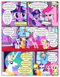 Size: 612x792 | Tagged: safe, artist:newbiespud, derpibooru import, edit, edited screencap, screencap, applejack, fluttershy, pinkie pie, princess celestia, rainbow dash, rarity, twilight sparkle, alicorn, earth pony, pegasus, pony, unicorn, comic:friendship is dragons, the return of harmony, big crown thingy, comic, dialogue, element of magic, ethereal mane, female, flying, freckles, frown, hat, jewelry, mane six, mare, peytral, raised hoof, regalia, screencap comic, sigh, unicorn twilight, worried