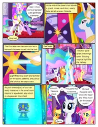 Size: 612x792 | Tagged: safe, artist:newbiespud, derpibooru import, edit, edited screencap, screencap, applejack, fluttershy, pinkie pie, princess celestia, rarity, twilight sparkle, alicorn, earth pony, pegasus, pony, unicorn, comic:friendship is dragons, the return of harmony, big crown thingy, box, chest, comic, dialogue, element of magic, ethereal mane, female, freckles, frown, glowing horn, grin, hat, hoof shoes, horn, jewelry, looking up, mare, onomatopoeia, peytral, raised hoof, regalia, screencap comic, smiling, unicorn twilight