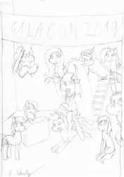 Size: 2460x3486 | Tagged: safe, artist:vol_audacity, derpibooru import, flash sentry, fluttershy, pinkie pie, princess luna, rarity, sandbar, oc, oc:canni soda, deer, deer pony, original species, pegasus, pony, unicorn, galacon, sketch