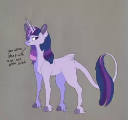 Size: 1936x1815 | Tagged: safe, artist:nightshade2004, derpibooru import, oc, oc:twilight zone, unofficial characters only, bicorn, classical unicorn, pony, unicorn, bitch, cloven hooves, female, gray background, horn, leonine tail, mare, multiple horns, parent:sci-twi, parent:twilight sparkle, parents:twitwi, simple background, solo, this is for emphasis bitch, unshorn fetlocks, vulgar
